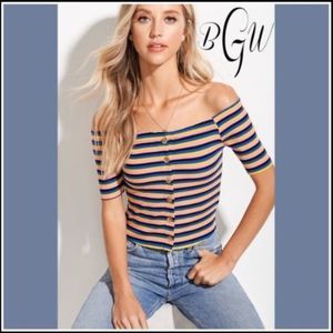 New Sun-Kissed Off the Shoulder Button Down Striped Summer Crop Top